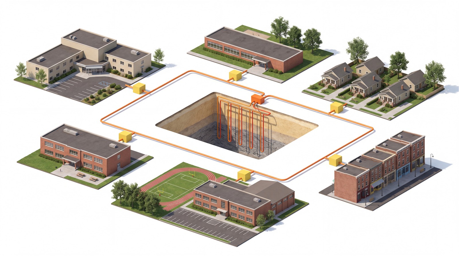 Isometric illustration of Vandalia's community geothermal network. The elementary, junior high, and high schools, the hospital, downtown buildings, and surrounding homes ring a central community bore field, all connected by a shared orange ambient loop with heat-pump connection boxes at each building.