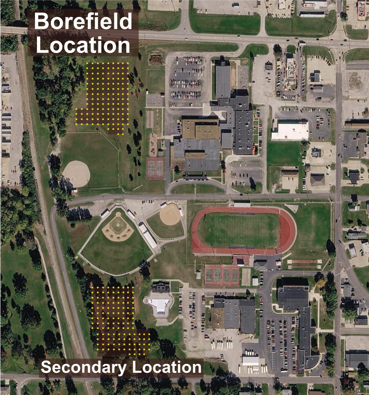 Aerial view of the Vandalia school complex with the proposed borefield grid marked north of the schools.
