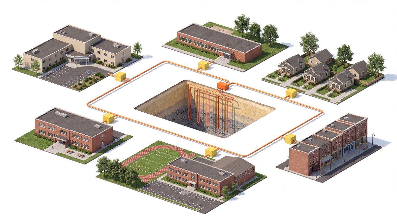 Isometric illustration of Vandalia's community geothermal network. Schools, the hospital, downtown buildings, and homes ring a central bore field, all joined by one shared loop.