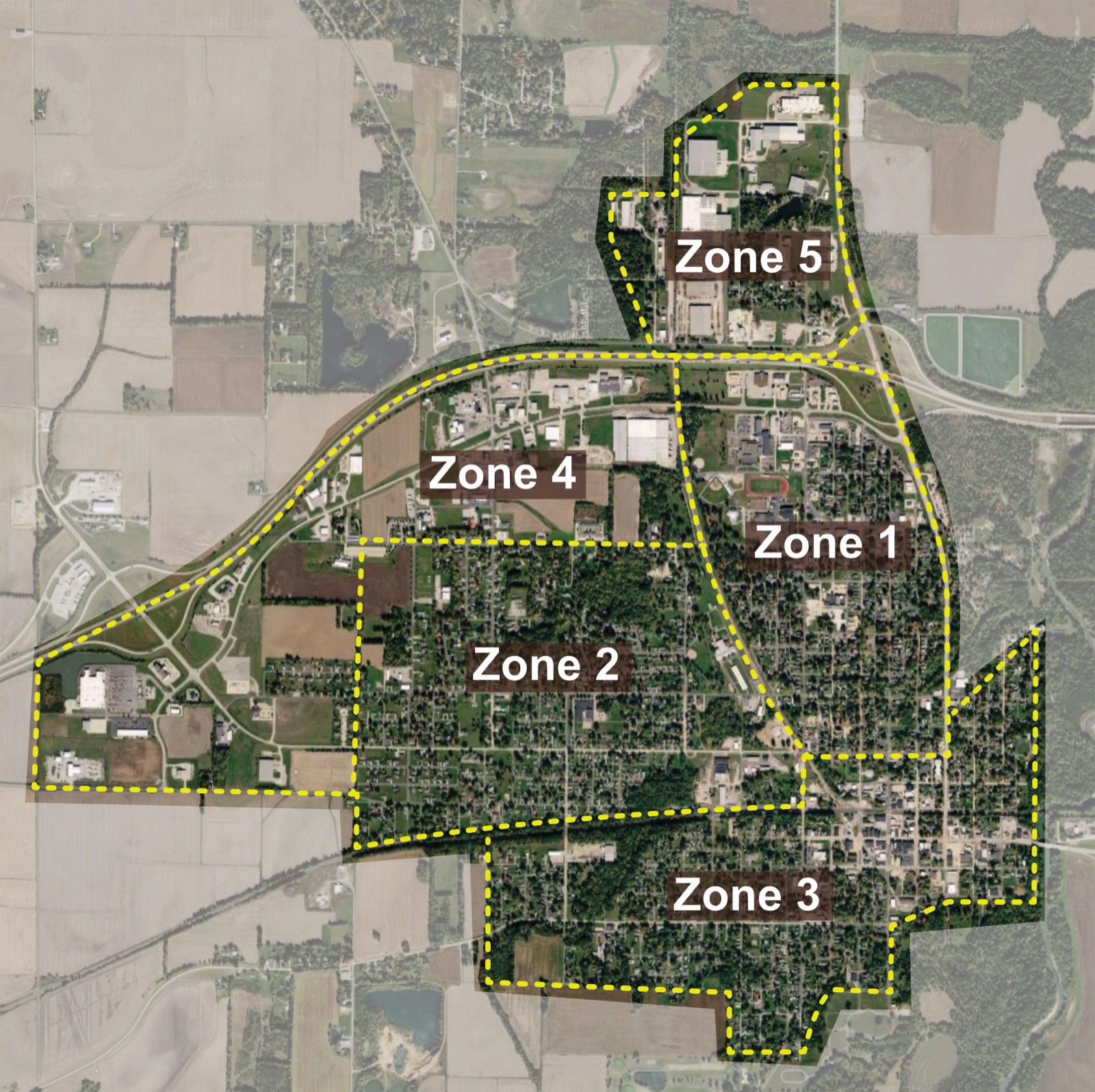Aerial map of Vandalia divided into five zones with dashed yellow boundaries. Zone 1 sits east of downtown, Zone 2 covers the south-central residential area, Zone 3 is the southeast, Zone 4 is the west, and Zone 5 is the north industrial area.